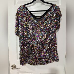 Anna-Kaci Multicolored Sequin Plus Size One Shoulder Top in Size 2XL
